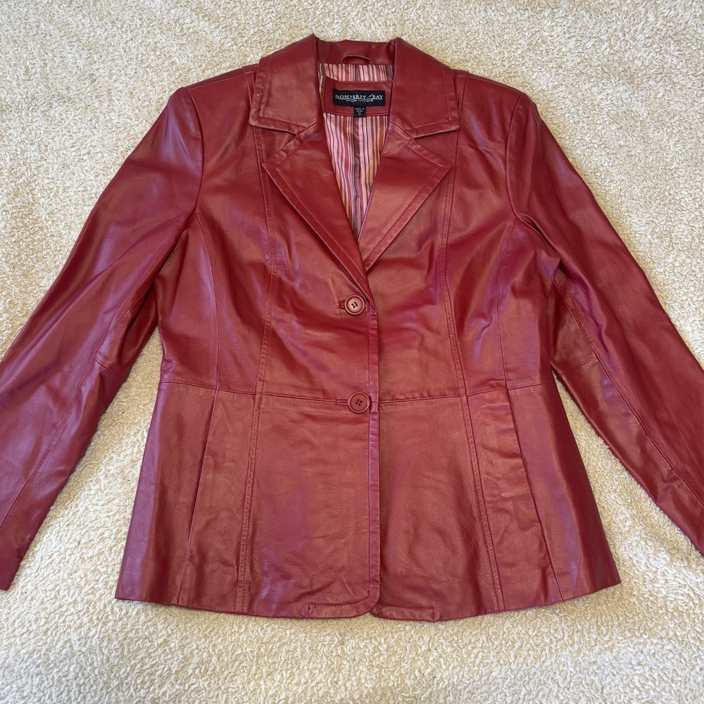 Vintage 90s Monterey Bay Red Genuine Leather Blazer Size 10